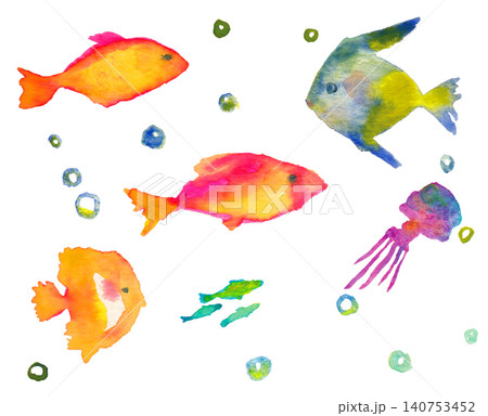 水彩海洋生物イラストセット(熱帯魚・クラゲ・泡)/Watercolor Marine Life Se 水彩海洋生物イラストセット(熱帯魚・クラゲ・泡)/Watercolor Marine Life Se 140753452
