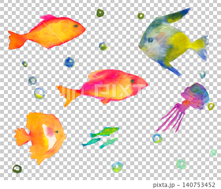 水彩海洋生物イラストセット(熱帯魚・クラゲ・泡)/Watercolor Marine Life Se 水彩海洋生物イラストセット(熱帯魚・クラゲ・泡)/Watercolor Marine Life Se 140753452