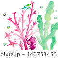 水彩海底素材セット（珊瑚・海藻・ヒトデ・海の生き物）/Watercolor Seabed Ele 140753453