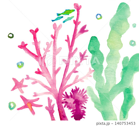 水彩海底素材セット（珊瑚・海藻・ヒトデ・海の生き物）/Watercolor Seabed Ele 140753453