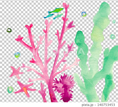 水彩海底素材セット（珊瑚・海藻・ヒトデ・海の生き物）/Watercolor Seabed Ele 140753453