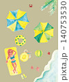 Watercolor beach elements top view with woman sunb 140753530
