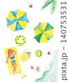 Watercolor beach elements top view with woman sunb 140753531