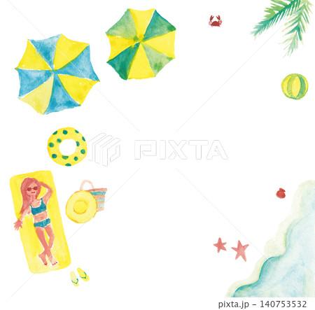 Watercolor beach elements top view with woman sunb 140753532