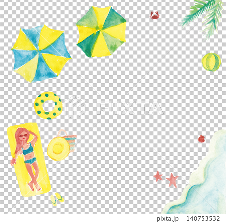 Watercolor beach elements top view with woman sunb 140753532