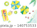 Watercolor beach elements top view with woman sunb 140753533