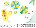 Watercolor beach elements top view with woman sunb 140753534