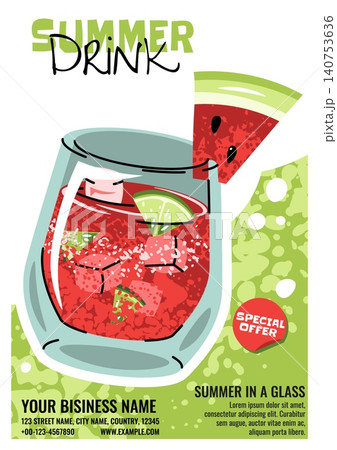 Summer Poster With Watermelon Cocktail In A Glass, Lime And Ice Cubes In Doodle Style. Flat Vector Illustration For Print Poster, Flyer And Advertisement For Cafe, Beach Bar And Juice Bar 140753636
