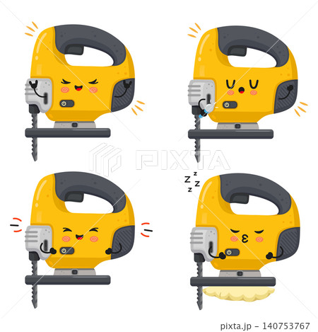 Cute cartoon jigsaw power tool showing different emotions 140753767