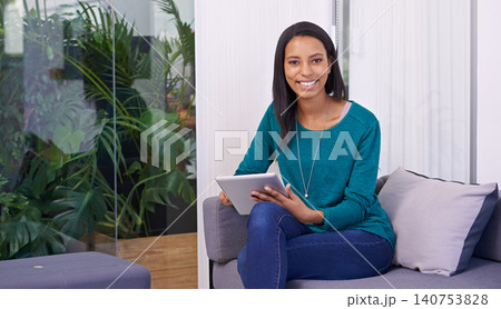 Business, woman and portrait with tablet on sofa with planning for creative project, brainstorming and professional. Entrepreneur, employee and technology with happiness on couch at work for strategy 140753828