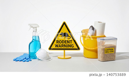 Rodent warning sign with cleaning supplies and pest control equipment sanitation cleaning supplies protection infestation prevention equipment maintenance triangle management extermination Rodent warning sign with cleaning supplies and pest control equipment sanitation cleaning supplies protection infestation prevention equipment maintenance triangle management extermination 140753889
