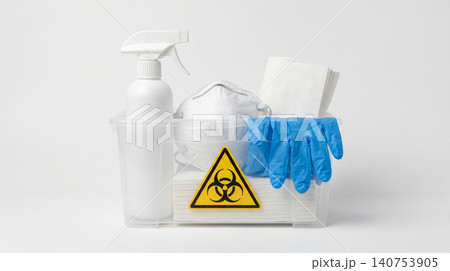 Sanitization and personal protective equipment for biohazard cleaning with biohazard sanitization cleaning protection disinfection equipment supplies chemical preventative outbreak bacteria 140753905