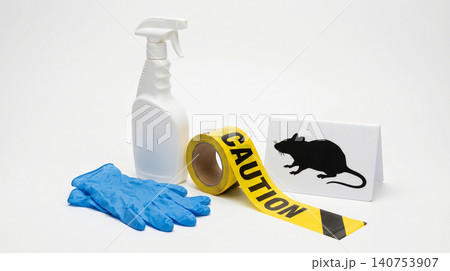 Pest control caution tape and supplies for rodent management with management sanitizer cleaning prevention disinfection supplies protection equipment background contamination domestic Pest control caution tape and supplies for rodent management with management sanitizer cleaning prevention disinfection supplies protection equipment background contamination domestic 140753907