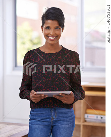 Business woman, portrait and tablet for online research in office and internet for creative idea on company project. Indian person, writer or touchscreen for ebook proposal or editing for publishing 140753911