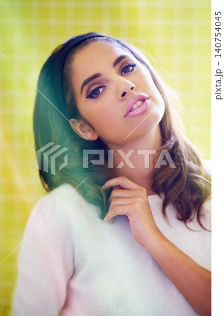 Retro, beauty and hair in portrait of woman with makeup in home from 70s with fashion or style. Vintage, hairstyle or model aesthetic with wing eyeliner on face of girl in house with cosmetics Retro, beauty and hair in portrait of woman with makeup in home from 70s with fashion or style. Vintage, hairstyle or model aesthetic with wing eyeliner on face of girl in house with cosmetics 140754045