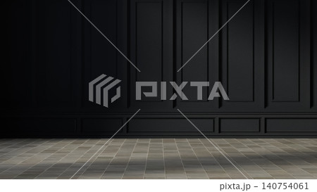 Empty black room with elegant luxury wall panels and classic stone tiles floor under soft sunlight. Empty black room with elegant luxury wall panels and classic stone tiles floor under soft sunlight. 140754061