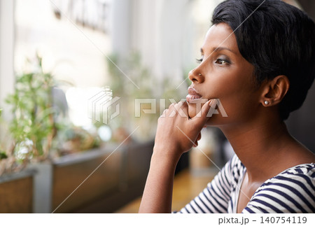 Woman, cafe and thinking with window, planning and wondering for startup. African journalist, coffee shop and idea or work, solutions or distracted for peaceful restaurant or vision with entrepreneur Woman, cafe and thinking with window, planning and wondering for startup. African journalist, coffee shop and idea or work, solutions or distracted for peaceful restaurant or vision with entrepreneur 140754119