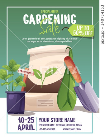 Gardening Sale Poster With Strawberry Plant, Fertilizer Bag And Trowel In Cartoon Style. Flat Vector Illustration For Print Banner, Flyer And Advertisement About Spring Garden Discount 140754153