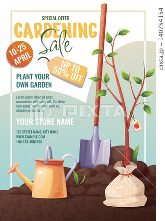 Gardening Sale Poster With Watering Can, Shovel, Apple Seedling In Sack And Soil In Cartoon Style. Flat Vector Illustration For Print Banner, Flyer And Advertisement About Spring Garden Discount Gardening Sale Poster With Watering Can, Shovel, Apple Seedling In Sack And Soil In Cartoon Style. Flat Vector Illustration For Print Banner, Flyer And Advertisement About Spring Garden Discount 140754154