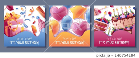 Set of Birthday Party Banners with Gift Box, Heart Balloons and Berry Cake. Festive invitation templates with typography slogans. Flat vector illustration Set of Birthday Party Banners with Gift Box, Heart Balloons and Berry Cake. Festive invitation templates with typography slogans. Flat vector illustration 140754194