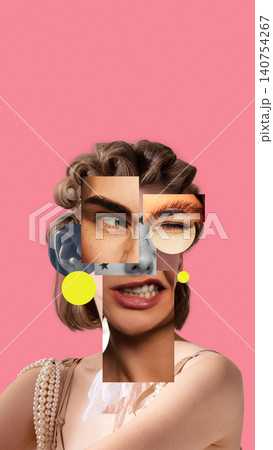 Surreal portrait mixed media combining different facial expressions and beauty styles on pink background 140754267