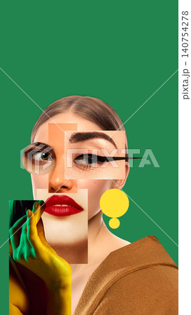Conceptual portrait collage combining facial features, makeup details and graphic elements on green background 140754278