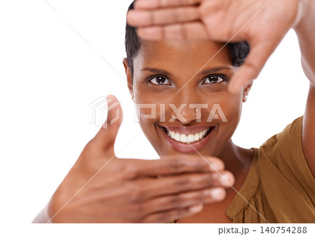 Happy, finger frame and woman in portrait for beauty, cosmetics and natural makeup in studio. White background, model or hands of person with smile for photography, selfie or social media picture Happy, finger frame and woman in portrait for beauty, cosmetics and natural makeup in studio. White background, model or hands of person with smile for photography, selfie or social media picture 140754288