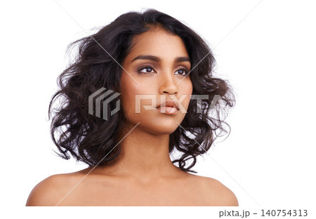 Skincare, beauty and cosmetic for Indian woman, luxury and cosmetology on white background. Face, confidence and makeup for female model, hairstyle and salon treatment for dermatology in studio Skincare, beauty and cosmetic for Indian woman, luxury and cosmetology on white background. Face, confidence and makeup for female model, hairstyle and salon treatment for dermatology in studio 140754313