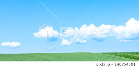 青空と麦畑に吹く風が心地良い夏の北海道美瑛町の丘の風景 青空と麦畑に吹く風が心地良い夏の北海道美瑛町の丘の風景 140754501