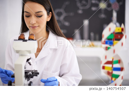 Medical, microscope and scientist in laboratory for research, chemistry and innovation for scientific career. Woman, worker and expert with dna model, sample and analytics of molecule for experiment Medical, microscope and scientist in laboratory for research, chemistry and innovation for scientific career. Woman, worker and expert with dna model, sample and analytics of molecule for experiment 140754507