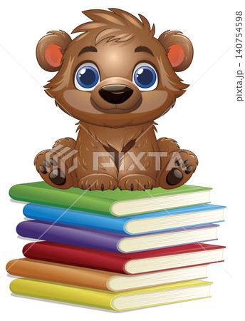 Cute Cartoon Baby Bear Sitting on a Stack of Colorful Books Cute Cartoon Baby Bear Sitting on a Stack of Colorful Books 140754598