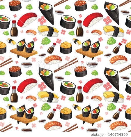 Seamless Vector Pattern of Assorted Sushi and Japanese Cuisine Elements Seamless Vector Pattern of Assorted Sushi and Japanese Cuisine Elements 140754599