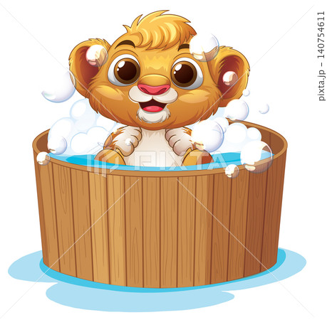 Cute Cartoon Lion Cub Taking a Bubble Bath in Wooden Tub 140754611