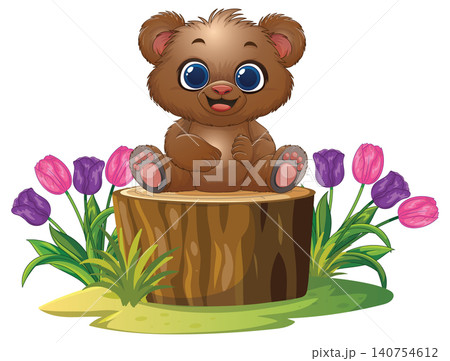Cute Cartoon Baby Bear Sitting on a Tree Stump with Tulips 140754612