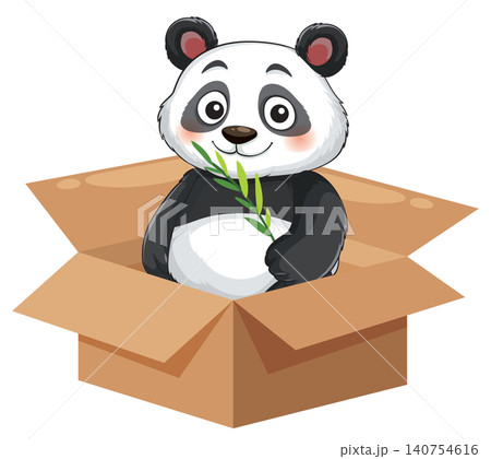 Cute Cartoon Giant Panda Sitting Inside an Open Cardboard Box Cute Cartoon Giant Panda Sitting Inside an Open Cardboard Box 140754616