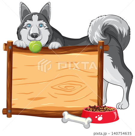 Siberian Husky Dog Holding Tennis Ball Behind Blank Wooden Sign 140754635