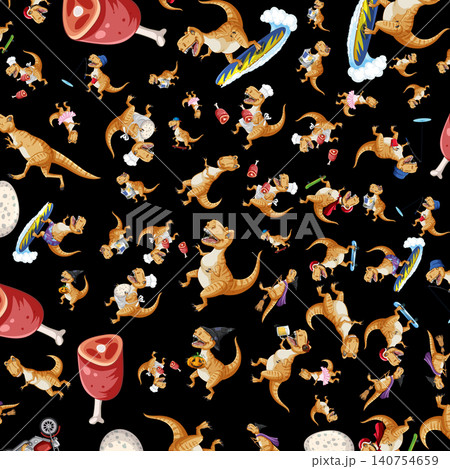 Cartoon Tyrannosaurus Rex Seamless Pattern with Various Hobbies and Costumes Cartoon Tyrannosaurus Rex Seamless Pattern with Various Hobbies and Costumes 140754659