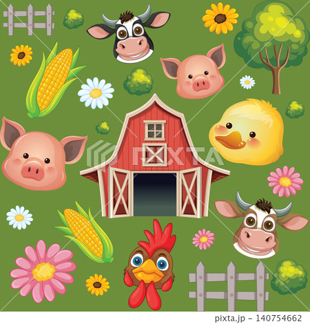Seamless Vector Pattern with Cartoon Farm Animals and Red Barn 140754662