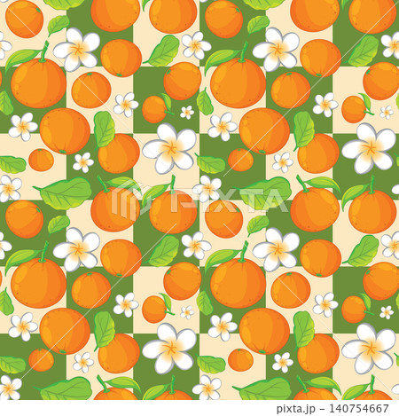 Seamless Vector Pattern with Oranges and Tropical Flowers on Checkerboard Seamless Vector Pattern with Oranges and Tropical Flowers on Checkerboard 140754667