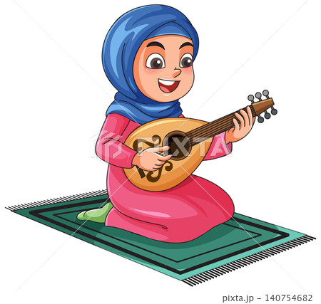 Young Muslim Girl in Hijab Playing an Oud on a Rug 140754682