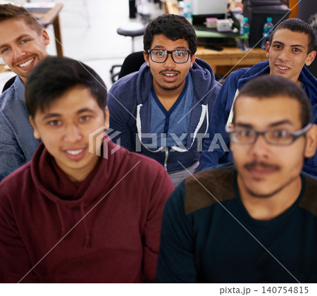 Group, surprise and portrait of men together watching sports match in university library. Fans, diversity and young male students streaming a football game together with shock in college dorm. Group, surprise and portrait of men together watching sports match in university library. Fans, diversity and young male students streaming a football game together with shock in college dorm. 140754815