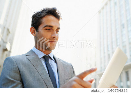 Smile, tablet and businessman in city scroll on social media, app or the internet for communication. Happy, research and professional lawyer reading blog on website with digital technology in town. Smile, tablet and businessman in city scroll on social media, app or the internet for communication. Happy, research and professional lawyer reading blog on website with digital technology in town. 140754835