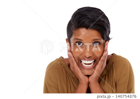 Portrait, surprise or happy woman in studio for winning, reward announcement or bonus prize. Giveaway, mockup space or shocked lady with wow gesture, news or omg facial expression on white background Portrait, surprise or happy woman in studio for winning, reward announcement or bonus prize. Giveaway, mockup space or shocked lady with wow gesture, news or omg facial expression on white background 140754876