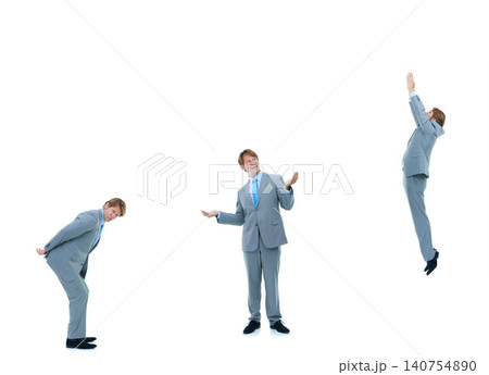 Businessman, collage and poses with mockup space for career or job opportunity on a white studio background. Employee man in ladder of success, climb or business growth for experience or performance Businessman, collage and poses with mockup space for career or job opportunity on a white studio background. Employee man in ladder of success, climb or business growth for experience or performance 140754890