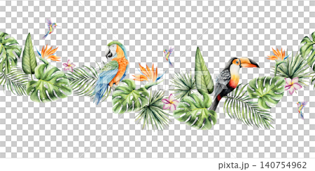 Seamless pattern. Toco toucan and parrot macaw sitting on a branch, leaves of a palm tree, Strelitzia, monstera. Watercolor hand drawn bird, isolated illustration on transparent background. Perfect Seamless pattern. Toco toucan and parrot macaw sitting on a branch, leaves of a palm tree, Strelitzia, monstera. Watercolor hand drawn bird, isolated illustration on transparent background. Perfect 140754962