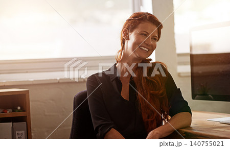 Woman, office and happy with smile for company growth idea, vision and satisfied with future in startup business. Female person, entrepreneur desk with computer at work as hr manager for corporate Woman, office and happy with smile for company growth idea, vision and satisfied with future in startup business. Female person, entrepreneur desk with computer at work as hr manager for corporate 140755021