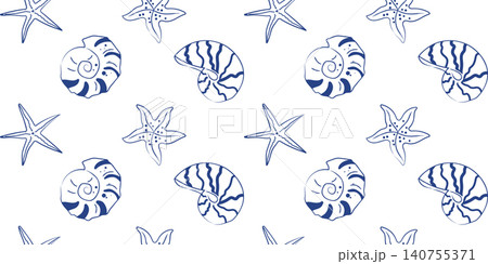Minimal line art blue nautilus seashells and starfish seamless pattern on white background 140755371