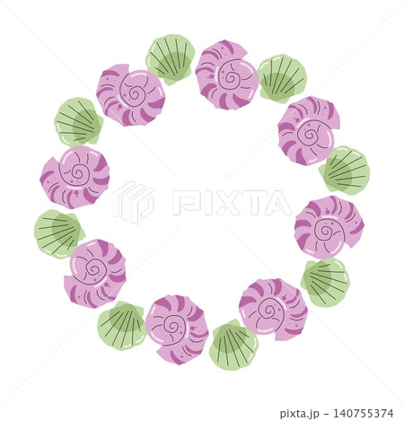 Cute round frame with pink snail seashells and green scallop shells on white background Cute round frame with pink snail seashells and green scallop shells on white background 140755374