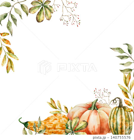 Watercolor frame, template with pumpkins hand-drawn maple, oak leaf, halloween autumn vegetable perfect for harvest and thanksgiving themes. Isolated botanical illustration for seasonal food and 140755576