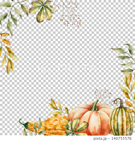 Watercolor frame, template with pumpkins hand-drawn maple, oak leaf, halloween autumn vegetable perfect for harvest and thanksgiving themes. Isolated botanical illustration for seasonal food and 140755576
